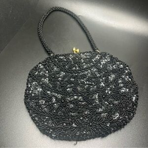vintage black beaded evening bag kiss lock purse